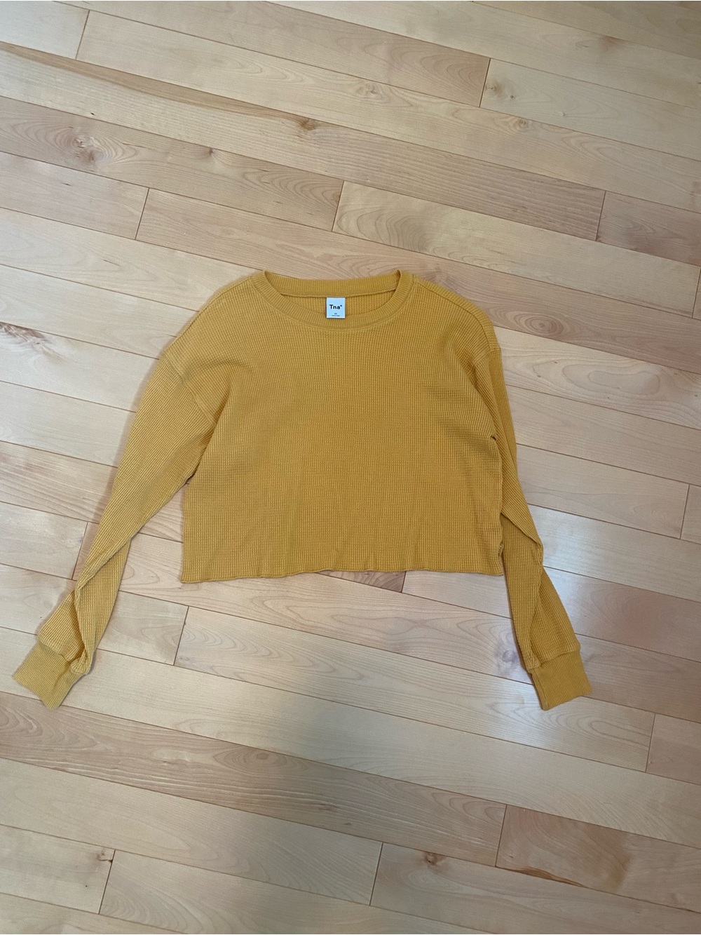 TNA Cropped Waffle-Knit Long Sleeve Top in Mustard
